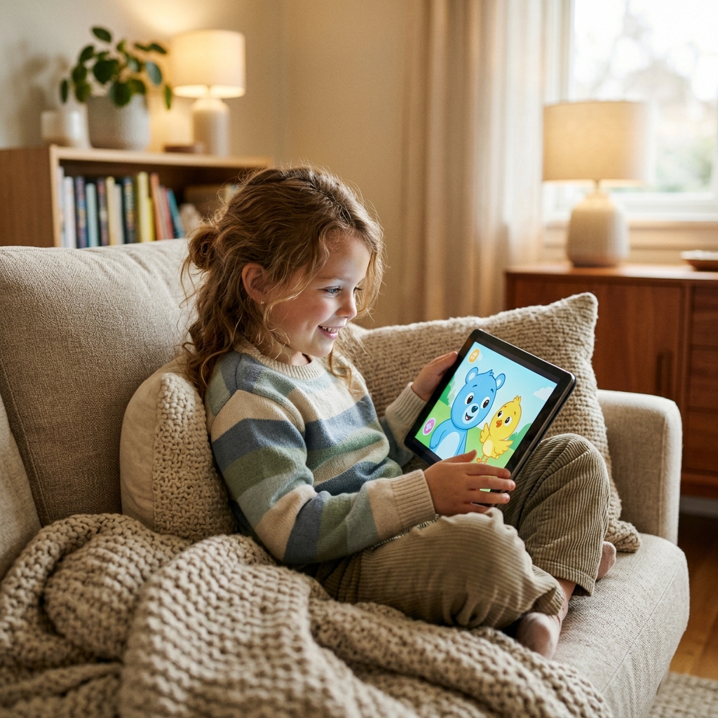A happy child safely watching cartoons on a tablet